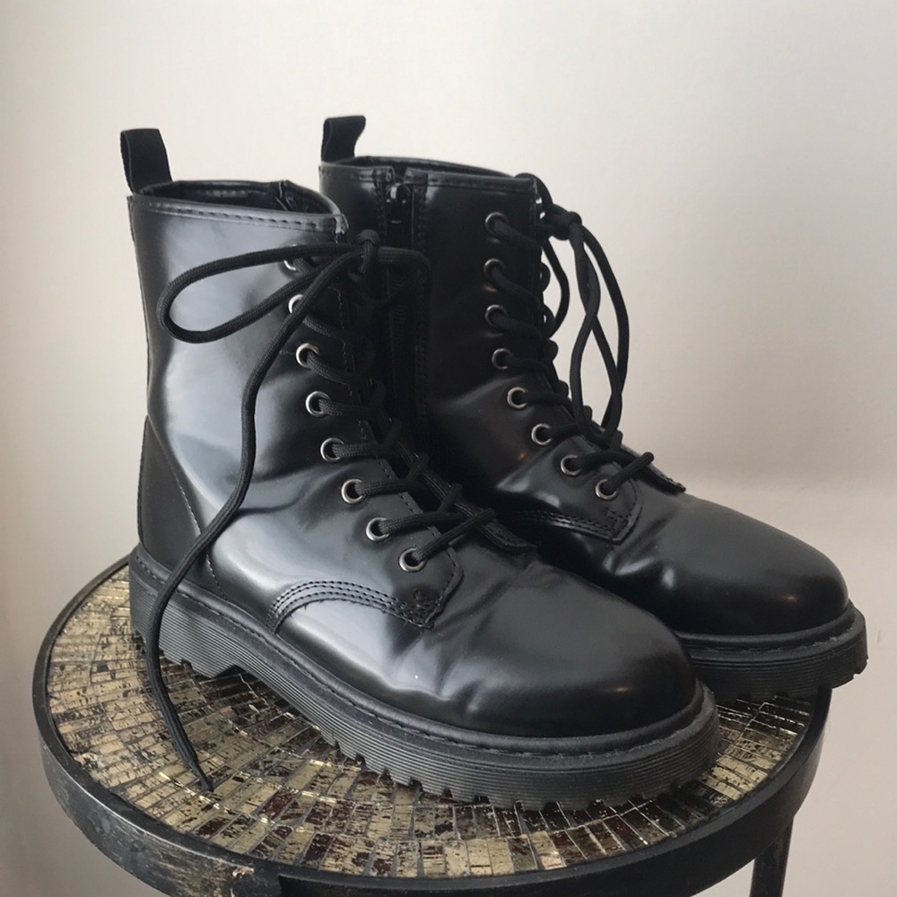 Brand New Vegan Patent Leather Black Moto Boots